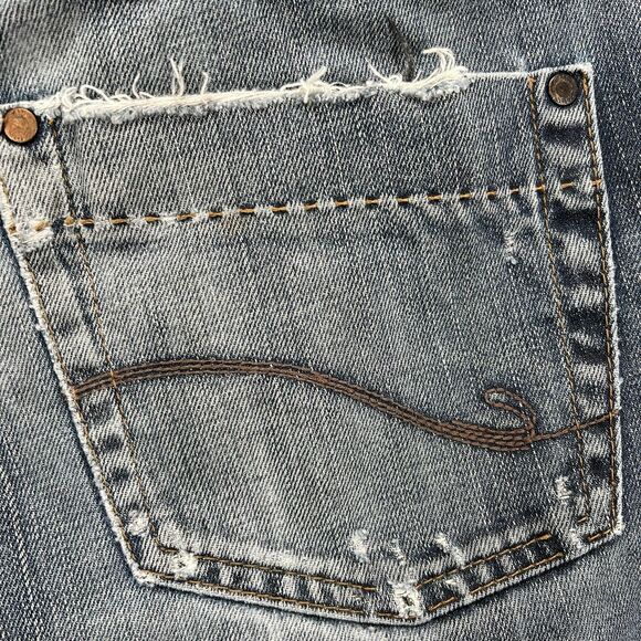 ZARA Jeans Men’s 31x32 Blue Distressed Denim Whiskering Skull Patch Grunge Punk - Picture 8 of 13
